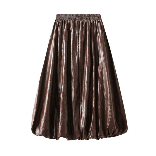 Retro Loose Faux Leather Bud Lantern Dress Women Autumn Lazy Casual A line Half Length Balloon Skirt