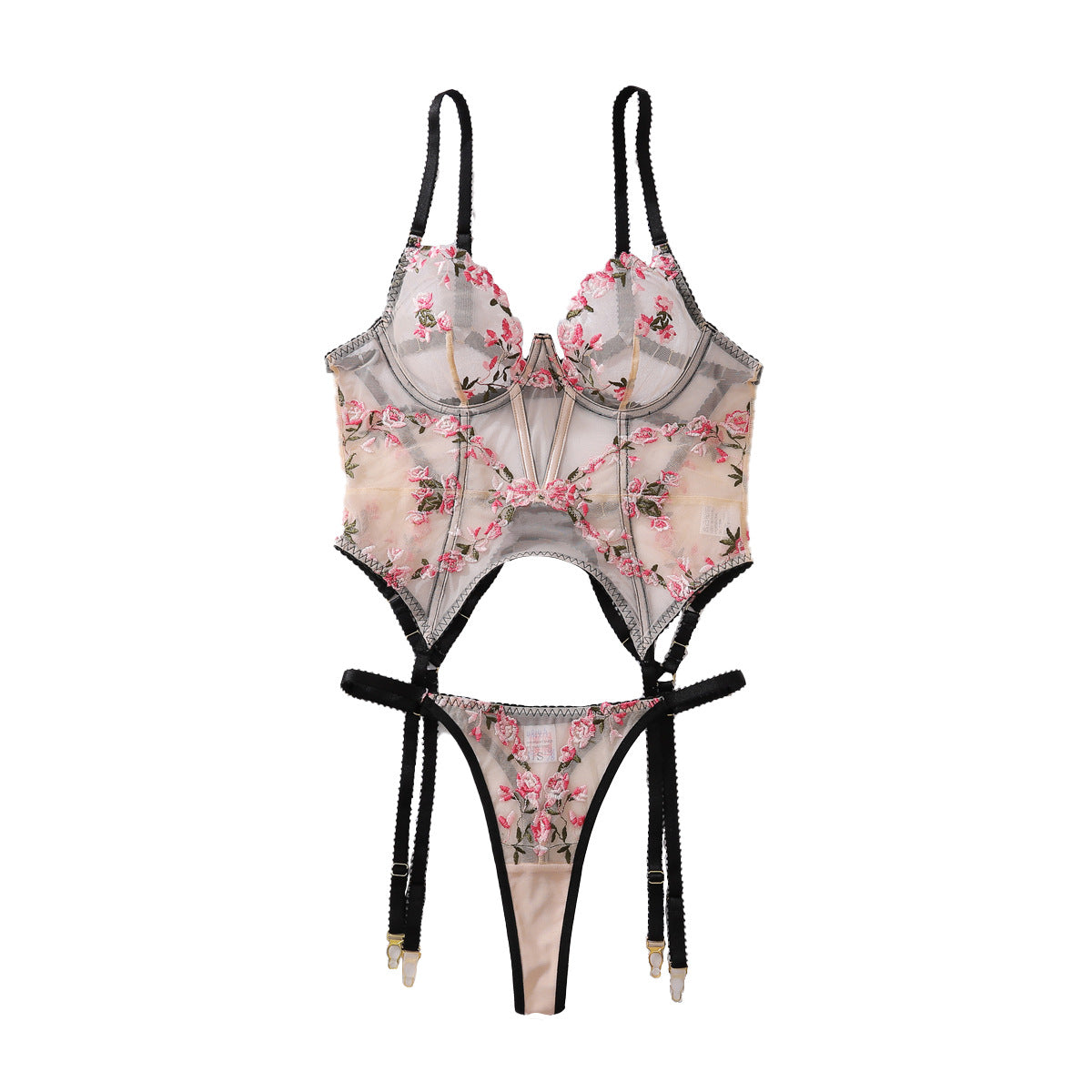 Mesh See through Floral Embroidery Push up Sexy Bodybuilding Underwear Two Piece