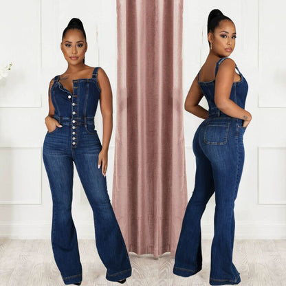 Platform Women Casual Sexy Strap Denim Jumpsuit Wide Leg Pants - Wanita Store
