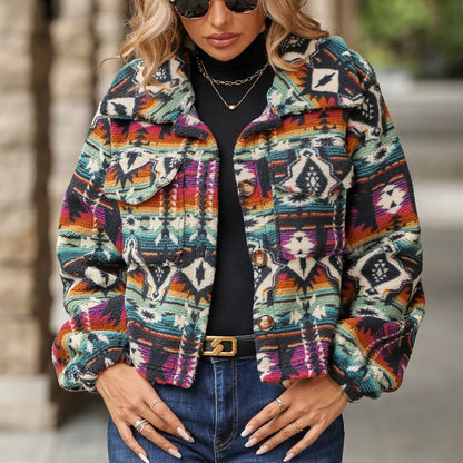 Autumn Winter Women Clothing National Printed Loose Long Sleeves Short Coat Women - Wanita Store