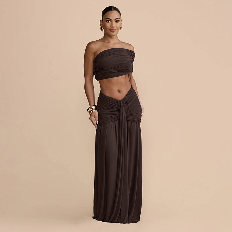Ropa de Mujer Primavera Sexy Color Sólido Top sin Tirantes Chaleco Cinta Delgada Falda Plisada Conjuntos