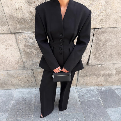 Women Clothing Fall Black High Grade Long Sleeved V neck Pleated Waist Tight Blazer Trousers Two Piece Set - Wanita Store