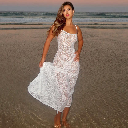 Women Clothing Spring Summer Lace Transparent Sexy Sling Dress Women Dress High-Grade Beach Party Sexy - Wanita Store