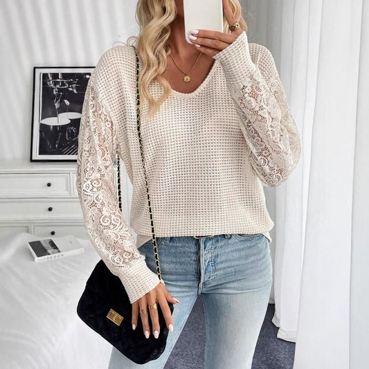 Spring Elegant Women Solid Color V neck Lace Stitching Long Sleeved T shirt Top for Women