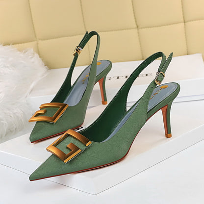 Women Shoes Stiletto Heel Shallow Mouth Pointed Toe Hollowed Back Strap Metal Square Buckle Pumps - Wanita Store