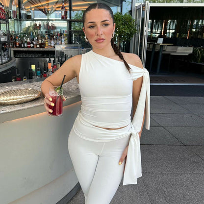 Women Clothing Summer Street Shooting Diagonal Collar Sleeveless Top Slim Fit Tied Shorts Suit - Wanita Store