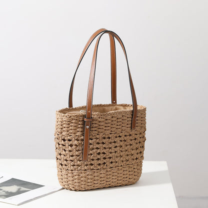 Straw Woven Bag Women Hollow Out Cutout Handmade Straw Bag Woven Bag Shoulder Portable Straw Weaved Bag Seaside Vacation Beach Bag - Wanita Store