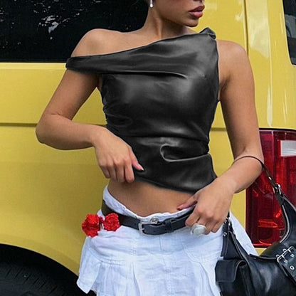Sleeveless Vest Leather Oblique Shoulder Personality Irregular Asymmetric Top Women Clothing - Wanita Store