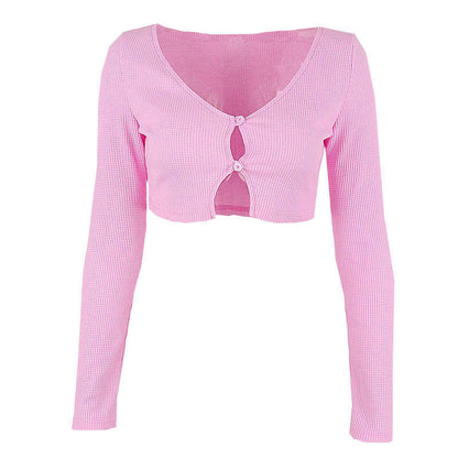 Spring Sexy V neck Long Sleeve Cardigan Ultra Short Slim T shirt Top for Women - Wanita Store