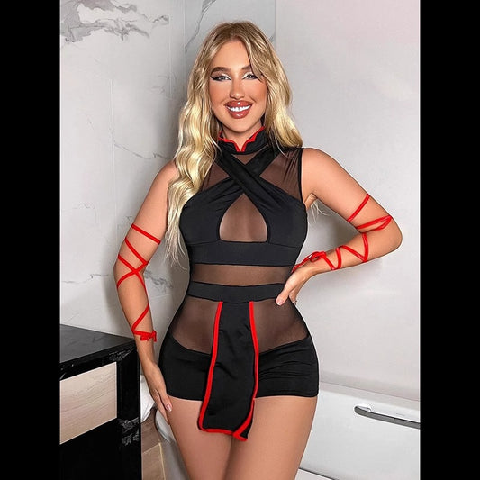 Sexy Underwear Warrior Jumpsuit Role Play Sheer Mesh Lace up Contrast Color Clothing