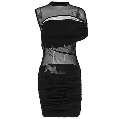 Women Stitching Sexy See through Shoulder Sleeveless Pleated Hip Dress - Wanita Store