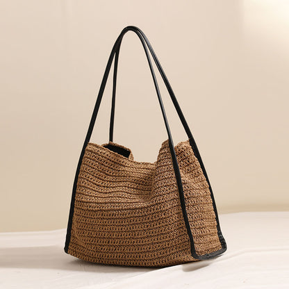 French Large Capacity Straw Bag Niche Solid Color Straw Bag Woven Bag Women Vacation Beach Bag Shoulder Bag - Wanita Store
