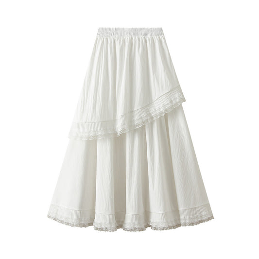 Lace Stitching Tiered Skirt Women Spring Elastic High Waist Slimming Draping Ruffled Large Swing Dress