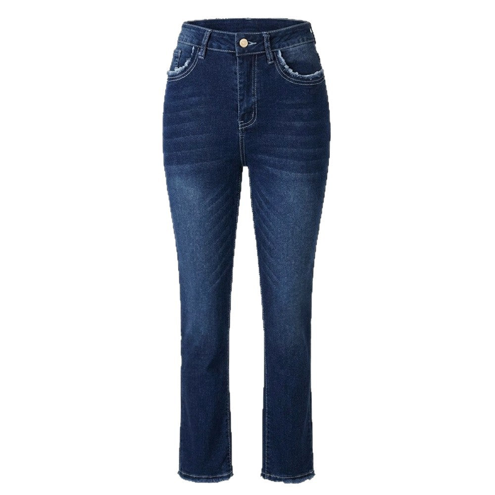 High Waist Wash Stretch Slim Fit Pants Wool Tassel Pocket Slimming Flared Frayed Hem Denim Trousers for Women