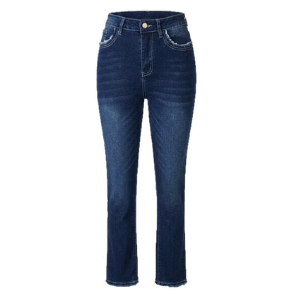 Pantalones de mezclilla ajustados de tiro alto con lavado elástico, borla de lana, bolsillos, corte entallado, dobladillo acampanado y deshilachado para mujer