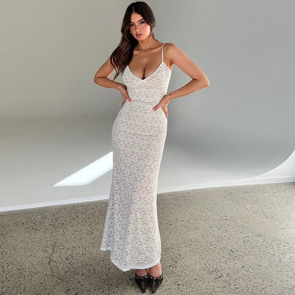 Summer Sexy V neck Lace Waist Hip Spaghetti Straps Dress Women - Wanita Store