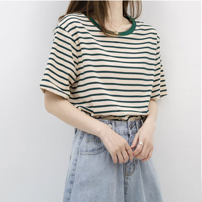 Women Short Sleeved T shirt Summer Thin Loose Cotton Green Striped T shirt Women Top Clothes - Wanita Store