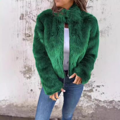 Women Clothing Women Autumn Winter Faux Fur Turtleneck Zipper Casual Top Coat - Wanita Store