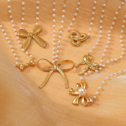 Pearl Bow Titanium Steel Necklace Women Light Luxury High Sense Stainless Steel Embellished - Wanita Store