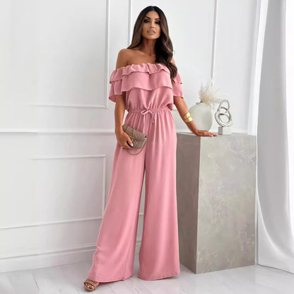 Women Clothing Summer Solid Color Office Ruffled off Shoulder Short Sleeved Jumpsuit - Wanita Store