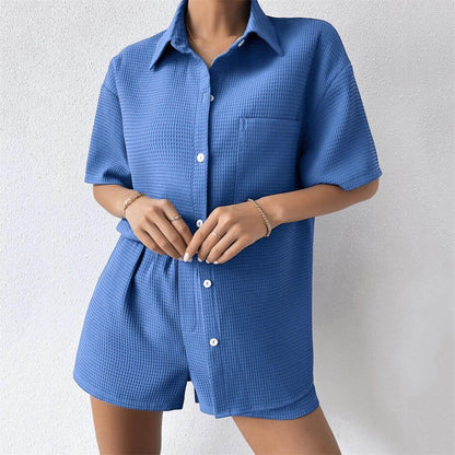 Summer Suit Women Women Loose Casual Short Sleeved Shirt Elastic Waist Shorts Two Piece Set Women - Wanita Store