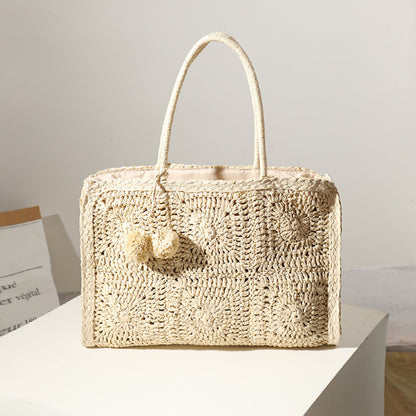 Hollow Out Cutout Straw Bag Large Capacity Fur Ball Hand Woven Bag Casual Women One Shoulder Handbag Beach Bag - Wanita Store