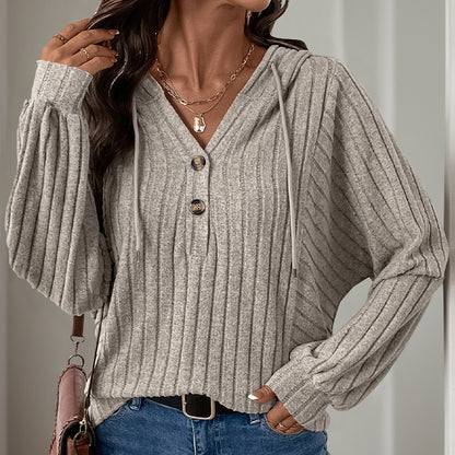Inner Wear Home Casual Laid Sunken Stripe Hooded Solid Color Sweater Top - Wanita Store