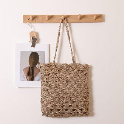 Hollowed out Shoulder Straw Bag Wave Pattern Straw Bag Woven Bag Vacation Beach Bag Niche Design Women Bags - Wanita Store
