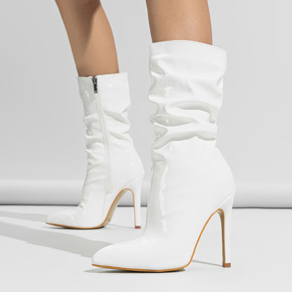 Supply Pointed Stiletto Heel Pile Boots Patent Leather Nude Shoes Short High Heel Riding Boots - Wanita Store