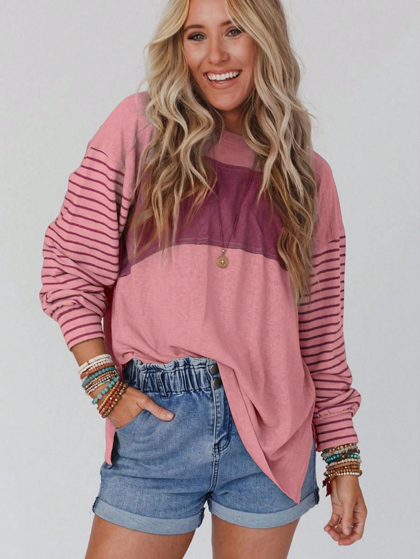 Women Clothing Spring Autumn Pullover Crew Neck Casual Striped Color Contrast Long Sleeve T Shirt Women