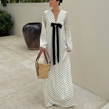 Design Bow V neck Long Sleeve Elegant Dress Women Digital Printing Polka Dot Maxi Dress - Wanita Store