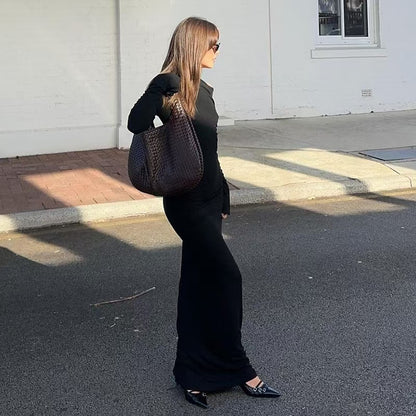 Sexy Women Clothing Sloping-Shoulder off the Shoulder Long Sleeve Slim Fit Pleated Long Socialite Dress - Wanita Store