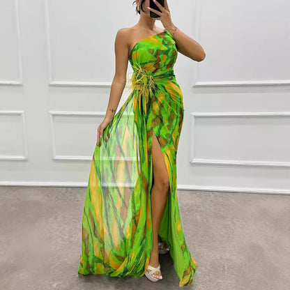 Chiffon Floral Print Slit Dress Casual Party Long Women Clothing Dress - Wanita Store