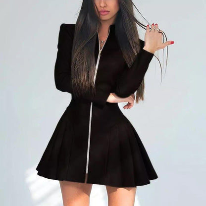 Women Fashionable Fitted Long Sleeve Pleated Faux Leather Zipper Dress - Wanita Store