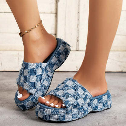 Cloth Cover Platform Slippers Women Denim Plaid Beach Slippers - Wanita Store