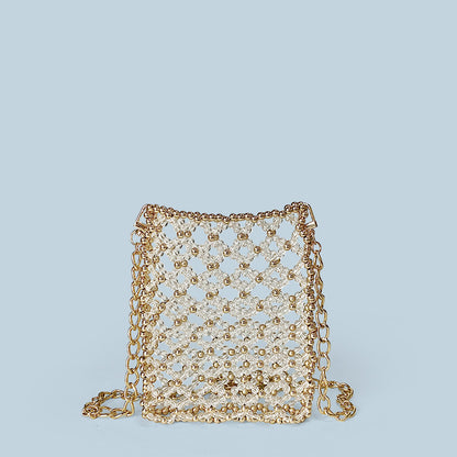 Personalized Minority Metal Texture Design Shoulder Bag Handmade Beaded Hollow Out Cutout Shiny Small Square Bag Messenger Bag - Wanita Store