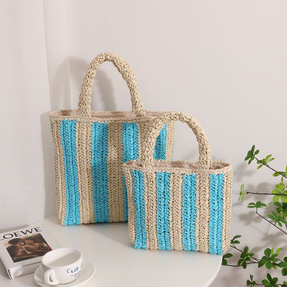 Vertical Stripes French Straw Bag Portable Contrast Color Straw Bag Woven Bag Women's Bag Seaside Vacation Beach Bag - Wanita Store