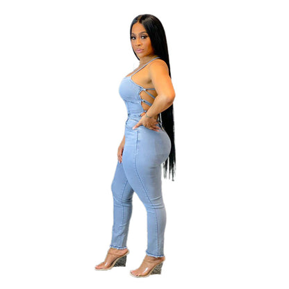 Casual Slim Fit Backless Bandage Denim Jumpsuit - Wanita Store