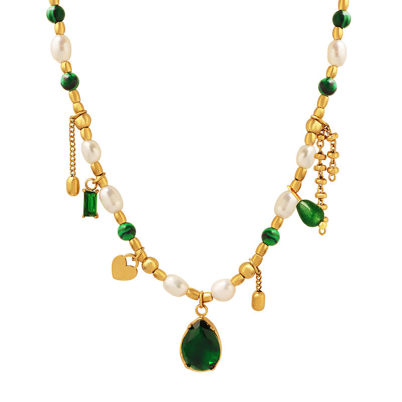 Court Non Fading Design Elegant Graceful Personality Freshwater Pearl Zircon Jade Turquoise Embellished Necklace - Wanita Store
