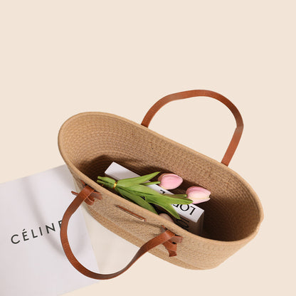 One Shoulder Cotton Thread Woven Bag Large Capacity Tote Straw Bag Vacation Beach Women Bag - Wanita Store