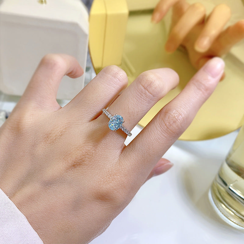 925 Silver High Carbon Diamond Sea Blue Zirconium 6*8 Oval Ring Women - Wanita Store