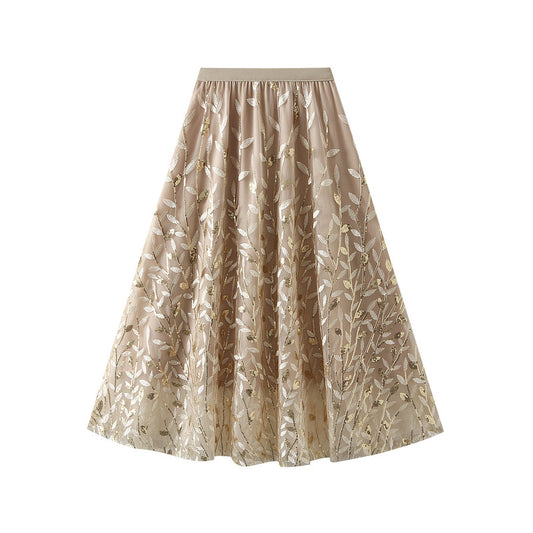 Glitter Leaves Embroidered Long Skirt A line Drape Large Swing Tulle Skirt All Match Fairy Dress