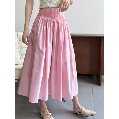 Pink High Waist Pleated Puffy A Line Skirt Mid Length Sweet Umbrella Skirt Women - Wanita Store