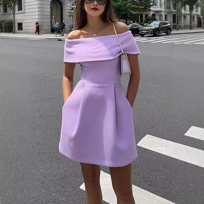 Spring Summer Waist Belt Off Shoulder Dress Casual Party Dress Dress Women - Wanita Store