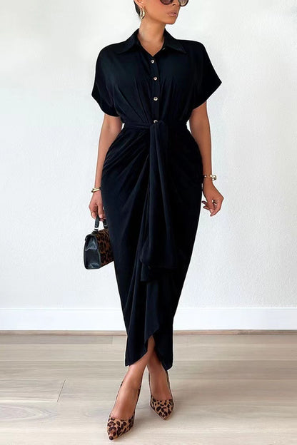 Women Clothing Dress Arrival Collared Elegant Mid Length Short Sleeve Single Breasted High Waist Shirt Dress - Wanita Store