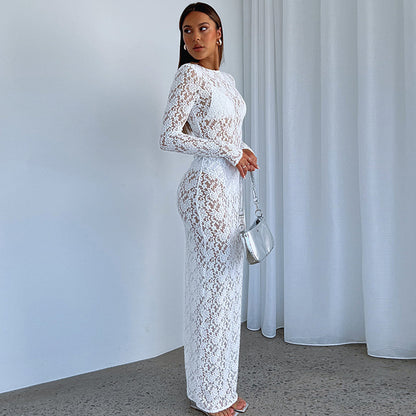 Women Clothing Spring Summer Solid Color Lace See through Long Sleeve Mid Length Dress - Wanita Store