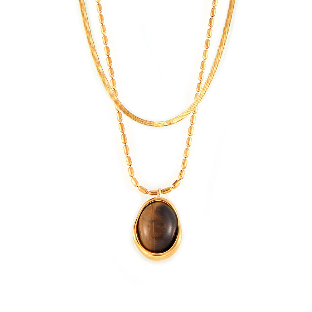 Maillard Simple Grace Personality M Bead Chain Ornament Irregular Asymmetric round Brand Tigereye Embellished Titanium Steel Necklace - Wanita Store