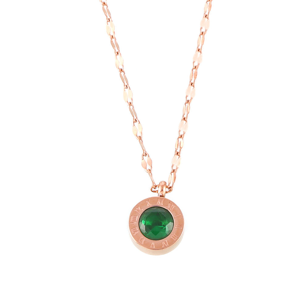 Rose Gold Roman Emerald round Glass Stone Embellished Necklace Women Retro Affordable Luxury Feeling Titanium Steel Clavicle Chain - Wanita Store