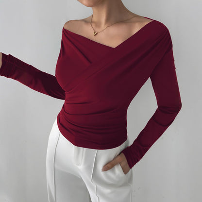 Autumn Winter Solid Color Shoulder Collar Shoulder Baring Slimming Long Sleeve All Match Office Top - Wanita Store