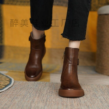 Women Platform Single Layer Boots Retro Flat Bottom Ankle Boots - Wanita Store